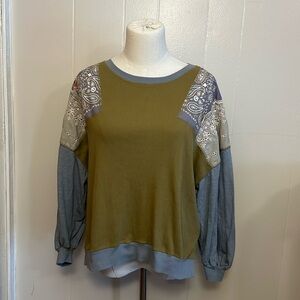 We The Free 3/4 sleeve Sweatshirt with patchwork color block embroidered details